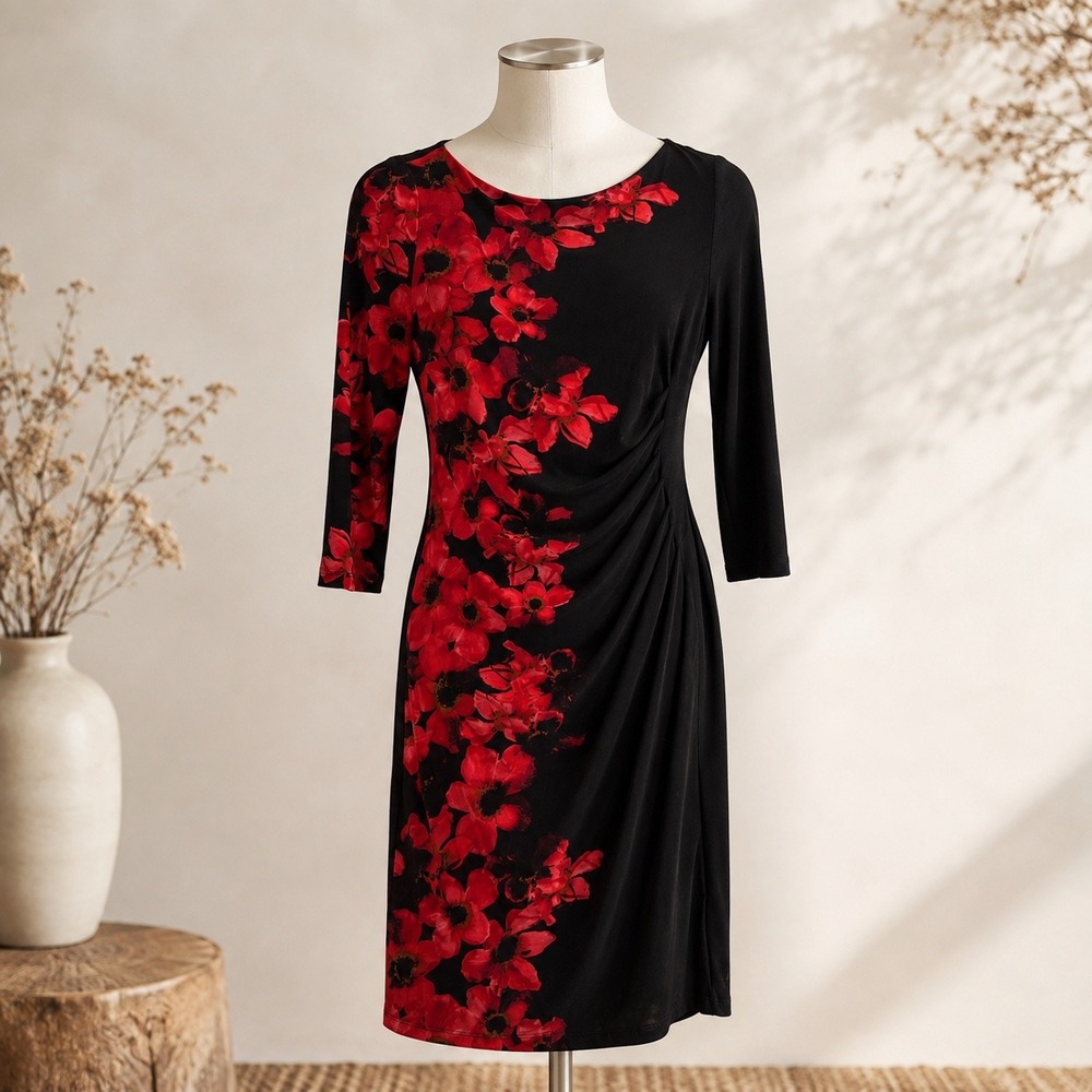 Lauren Ralph Lauren Red Floral Ruched Sheath Dress Size 8 Wedding Guest Cocktail